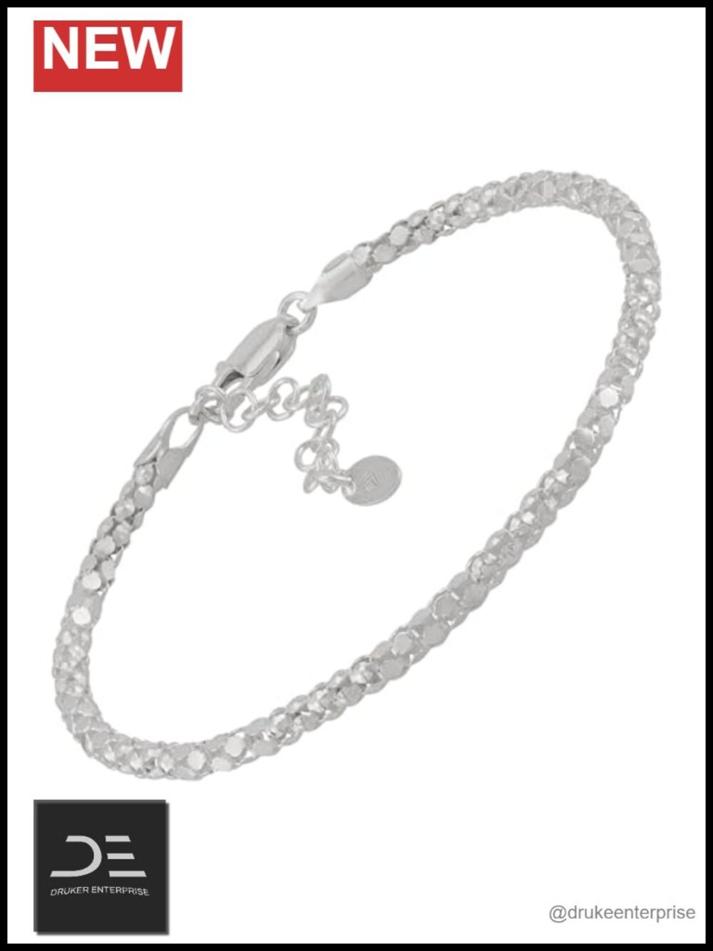 Sterling Silver 3mm Popcorn Chain Bracelet 7in + 1in Extender Lobster Clasp